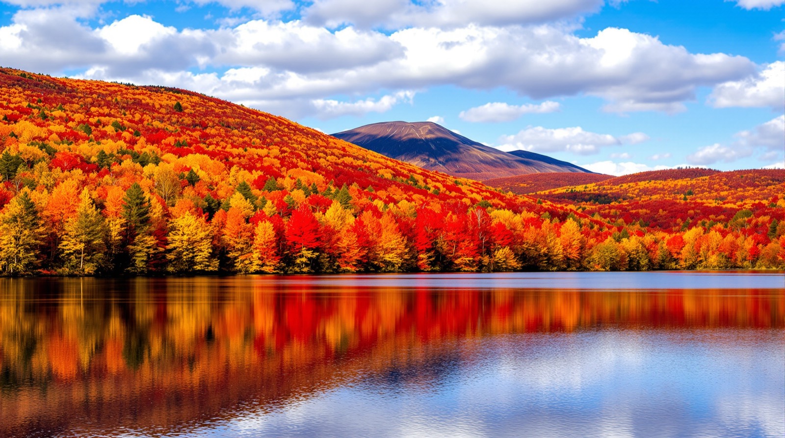 Peak fall foliage reflecting in a lake below Mount Monadnock
