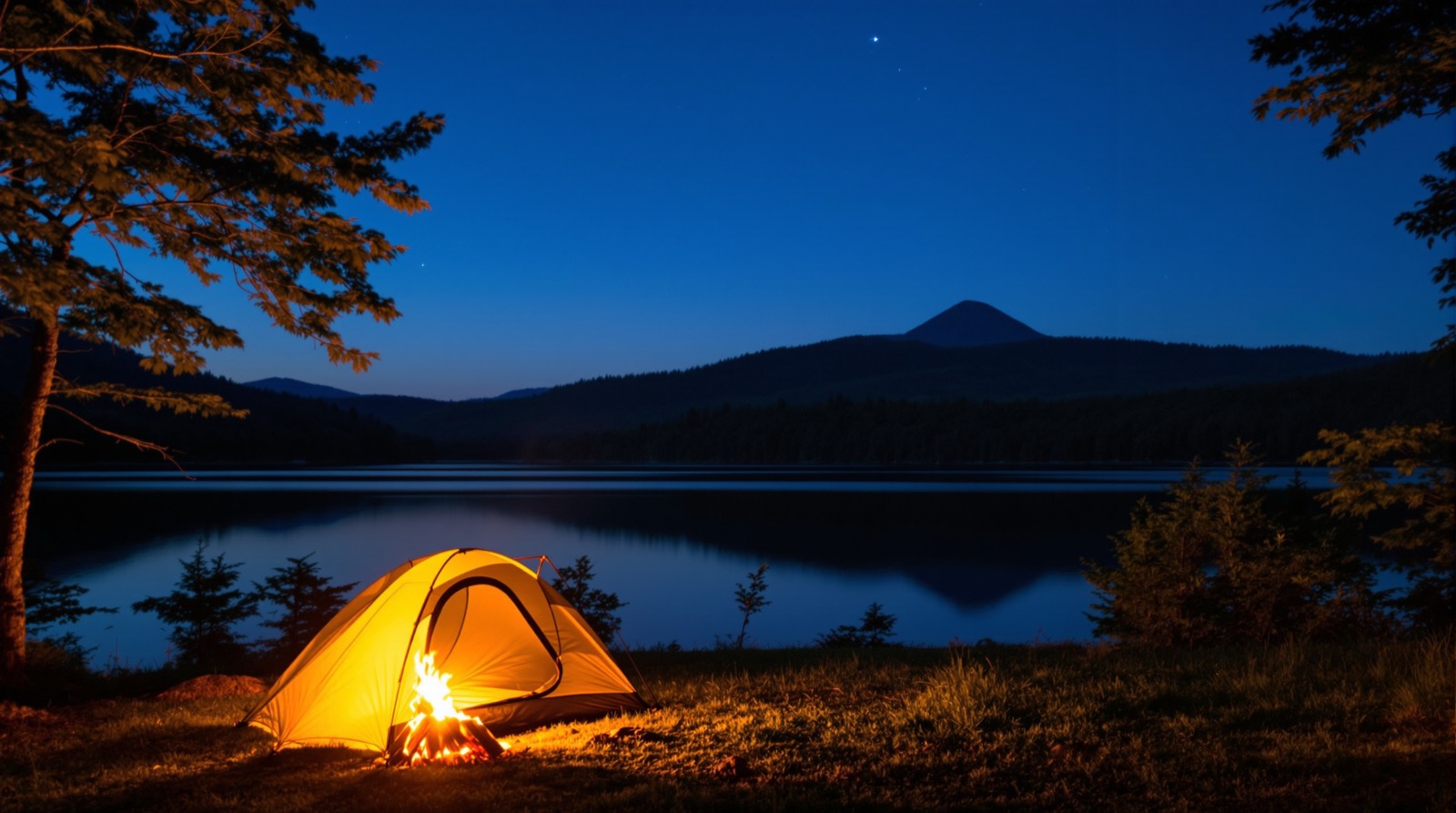 Lakeside tent campsite at dusk in the Monadnock Region
